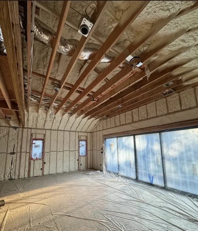Interior walls and ceiling insulated with spray foam during new construction in Lemon Hill